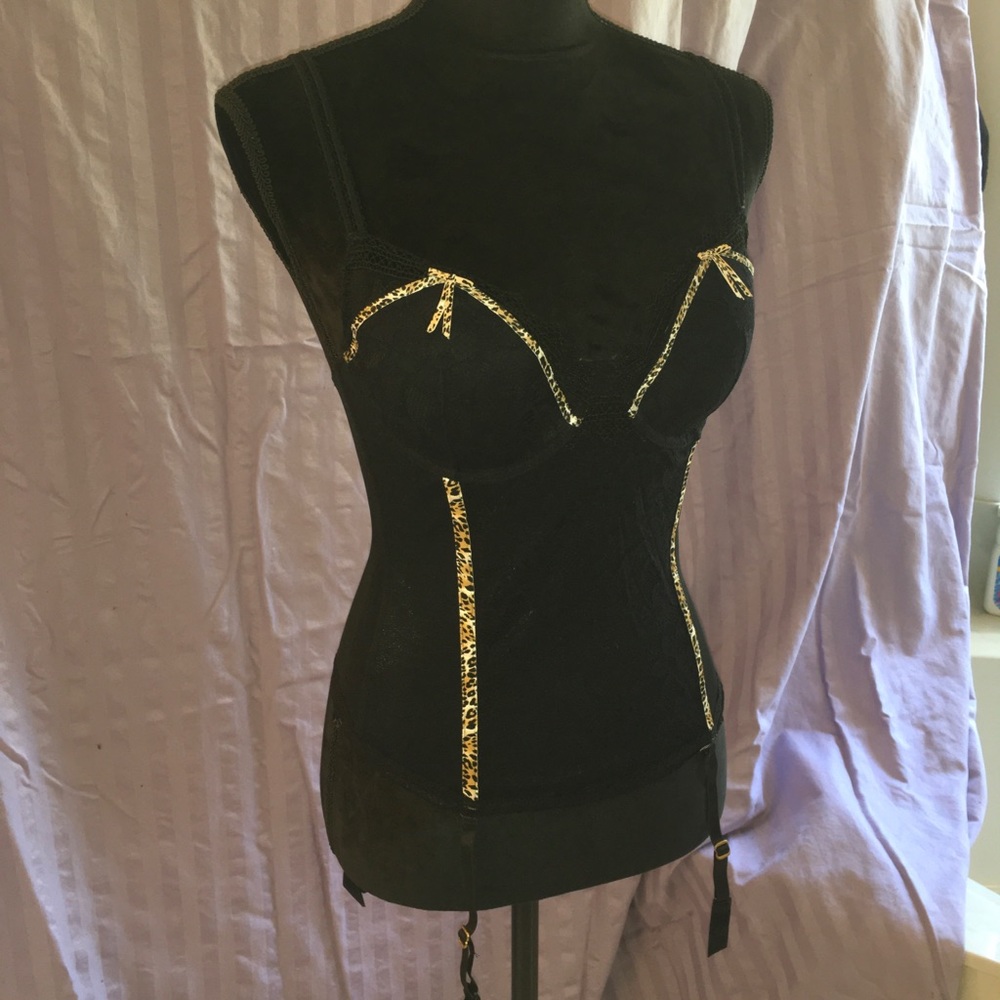 Y2k black and leopard Corset with Garters 34C